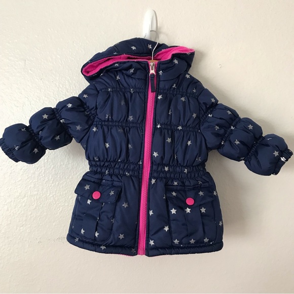 Pink Platinum Baby Girls’ Winter Navy Silver Stars Print Jacket Size 18M - Picture 1 of 5
